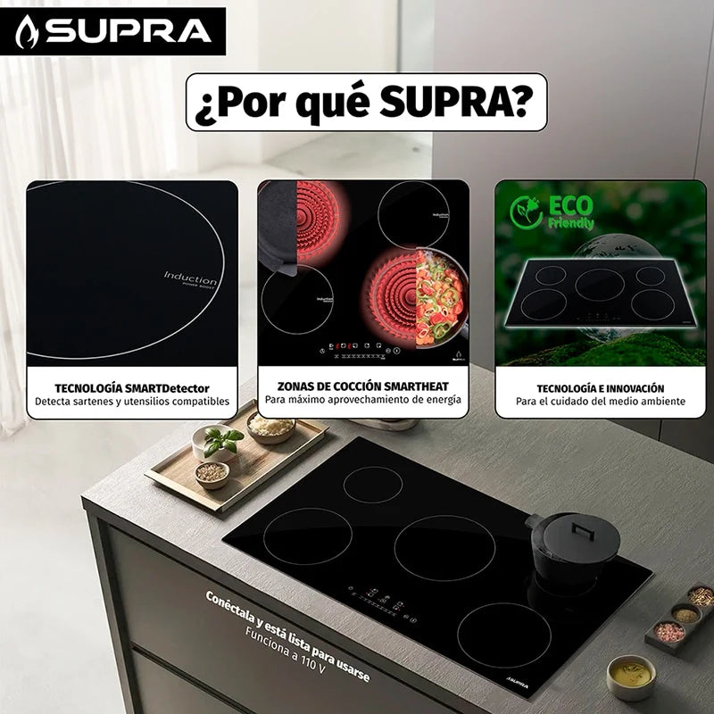 Parrilla de inducción empotrable de cristal templado con 5 quemadores 5Q-IN Supra