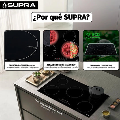 Parrilla de inducción empotrable de cristal templado con 5 quemadores 5Q-IN Supra