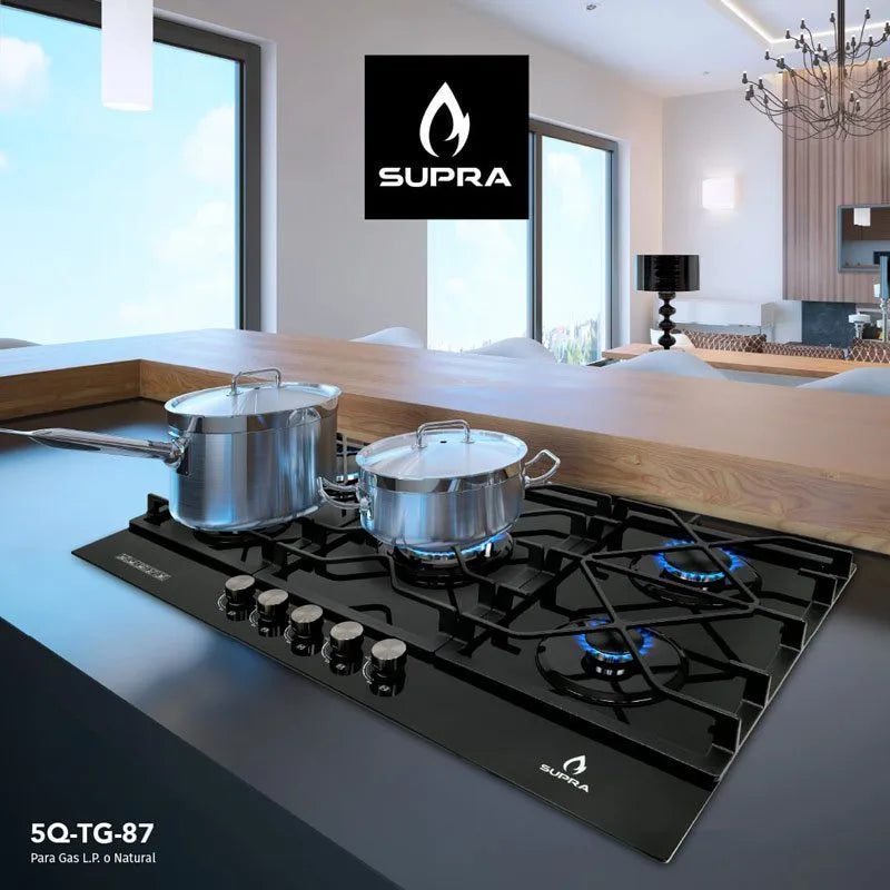 Parrilla de gas empotrable TG-87 Supra de 5 quemadores y cristal templado negro
