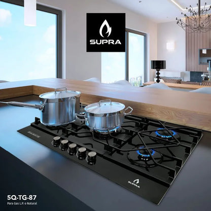 Parrilla de gas empotrable TG-87 Supra de 5 quemadores y cristal templado negro
