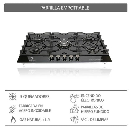 Parrilla de gas empotrable TG-87 Supra de 5 quemadores y cristal templado negro