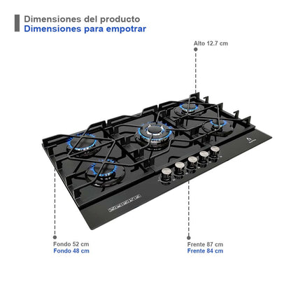 Parrilla de gas empotrable TG-87 Supra de 5 quemadores y cristal templado negro