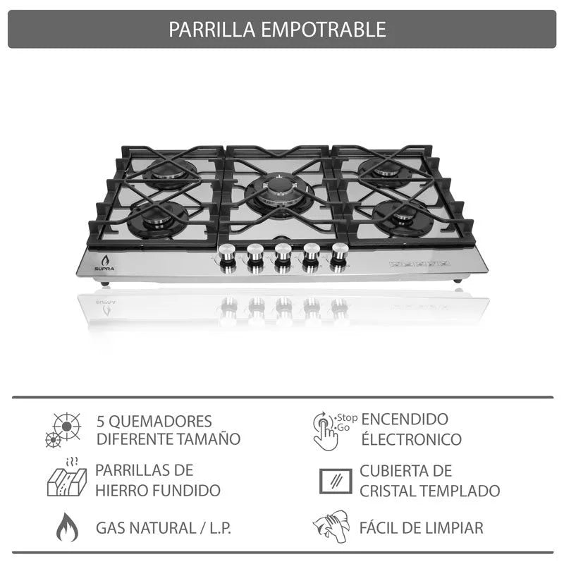 Parrilla de gas empotrable de cristal templado acabado espejo y 5 quemadores TM-87 Supra