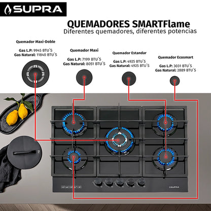 Parrilla de gas empotrable con 5 quemadores cristal templado negro Supra 5Q-PG-76