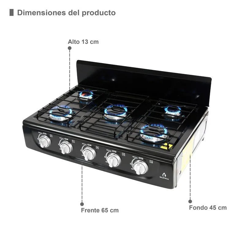 Parrilla de gas de sobreponer Titan Black Supra negro de 5 quemadores