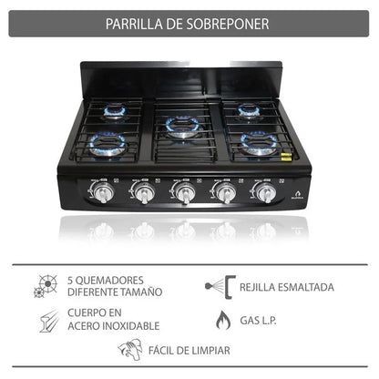 Parrilla de gas de sobreponer Titan Black Supra negro de 5 quemadores