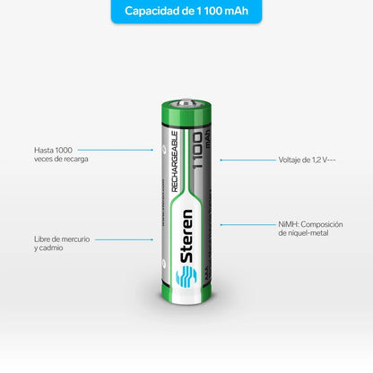 Paquete de 4 pilas recargables de alta capacidad AAA NiMH 1100 mAh Steren