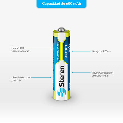 Paquete de 4 pilas recargables AAA NiMH 600 mAh Steren
