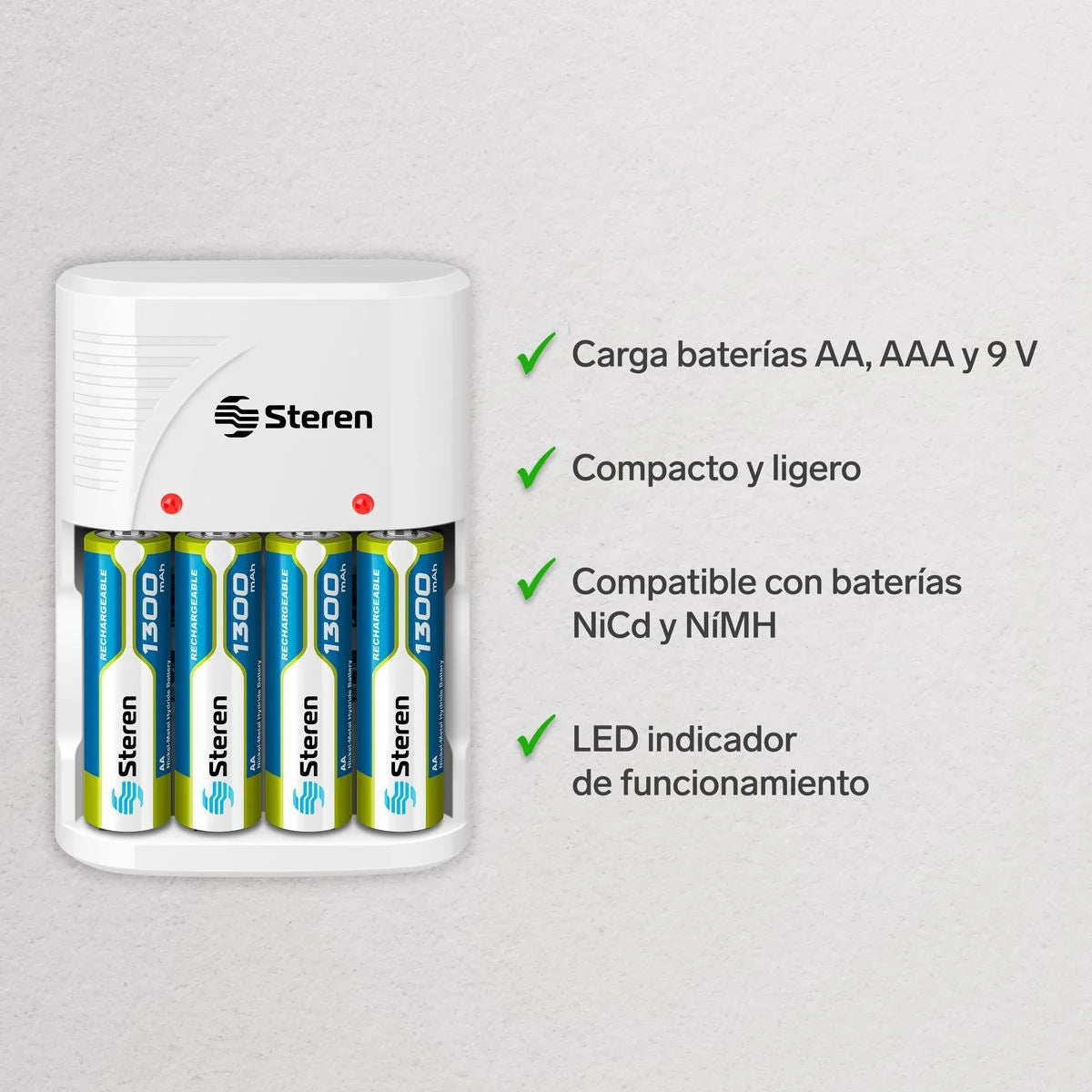 Cargador de pilas AA, AAA y 9V incluye 4 pilas AA Steren