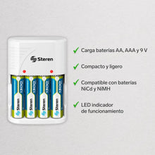 Cargador de pilas AA, AAA y 9V incluye 4 pilas AA Steren