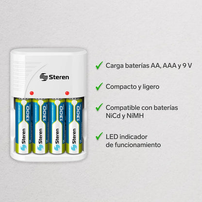 Cargador de pilas AA, AAA y 9V incluye 4 pilas AA Steren