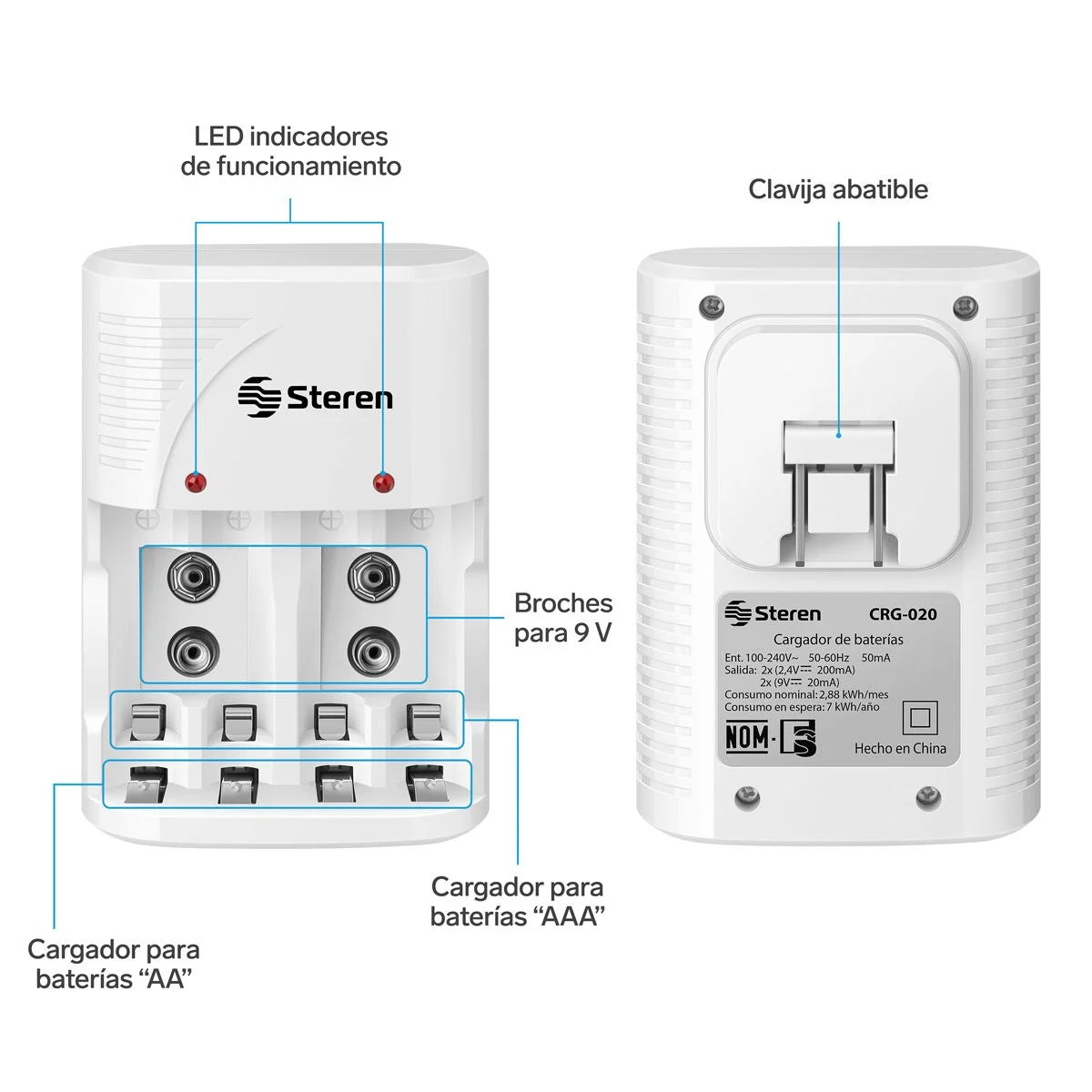 Cargador de pilas AA, AAA y 9V incluye 4 pilas AA Steren