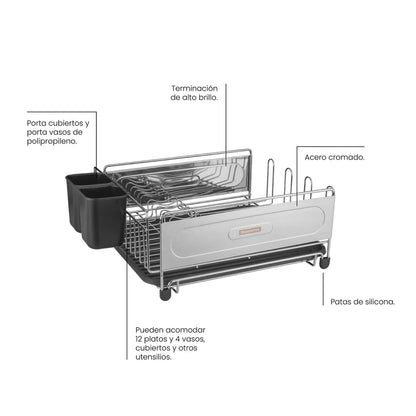 Escurridor de platos Tramontina Plurale de acero cromado con secador y porta cubiertos