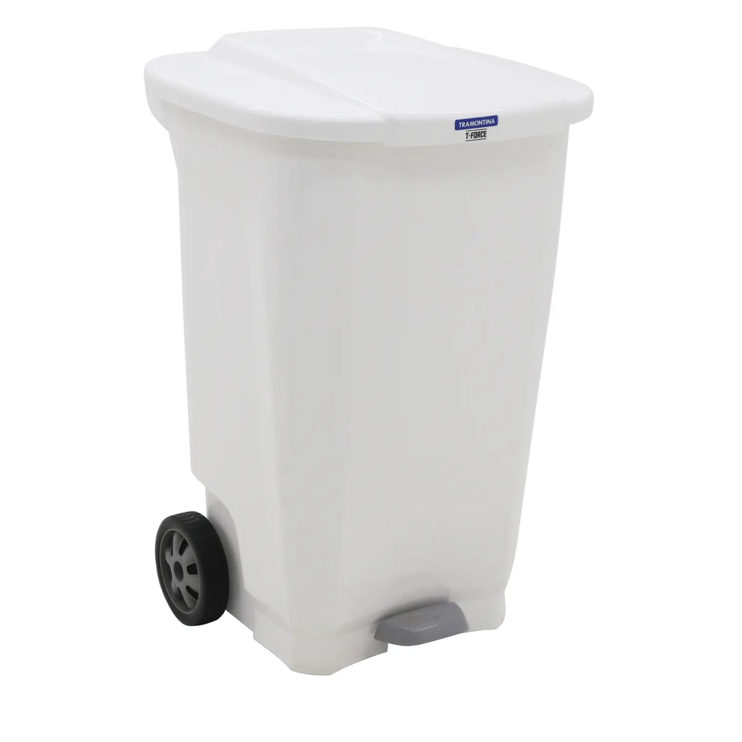 Basurero Tramontina T-Force en polipropileno blanco con ruedas de 100L