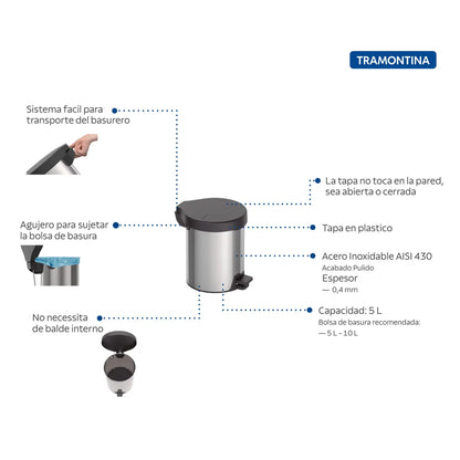 Basurero con pedal acero inoxidable Tramontina de 5L