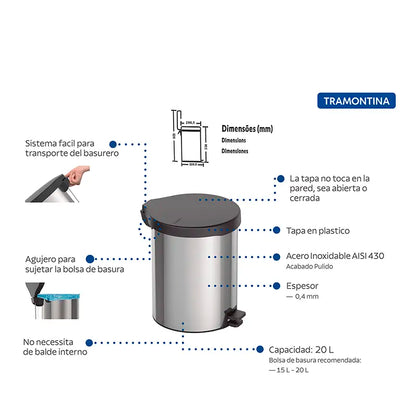 Bote de basura con pedal de acero inoxidable Tramontina de 12L