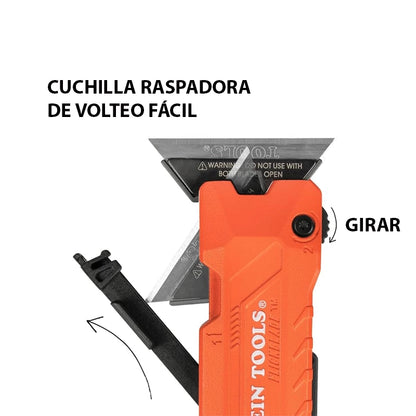 Navaja multiusos con rascador FLICKBLADE Klein Tools 2 en 1 con almacenamiento de cuchillas