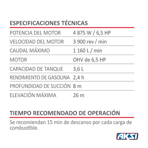 Motobomba 4 tiempos de 6.5hp Aksi