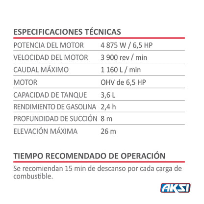 Motobomba 4 tiempos de 6.5hp Aksi