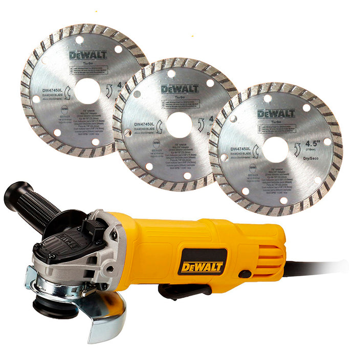 Esmeriladora angular 4 1/2'' Dewalt con 3 discos diamantados