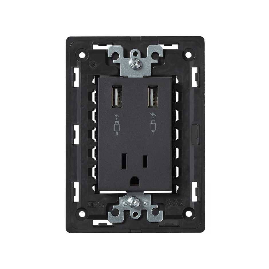 Toma de corriente 2p+t con 2 usb y chasis grafito Simon 26