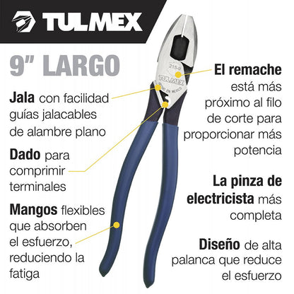 Pinzas de electricista alta palanca con jalador de guias y compresor de terminales de 9" Tulmex