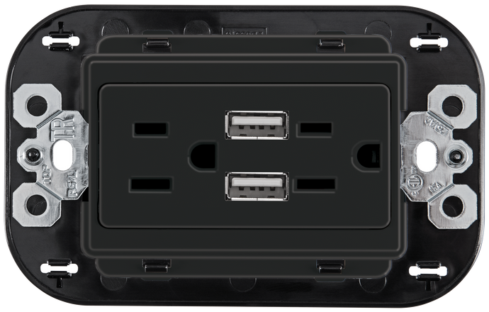 Tomacorriente duplex 2p+t con 2 usb 3.1A negro mate quinziño mx Bticino